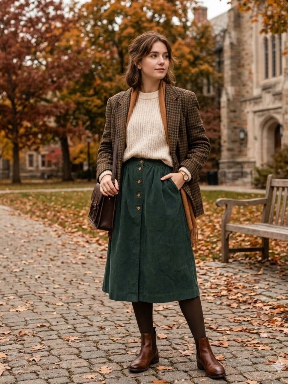 VTG Lands' End Direct Merchants Green Corduroy Skirt Button Front Petite 10